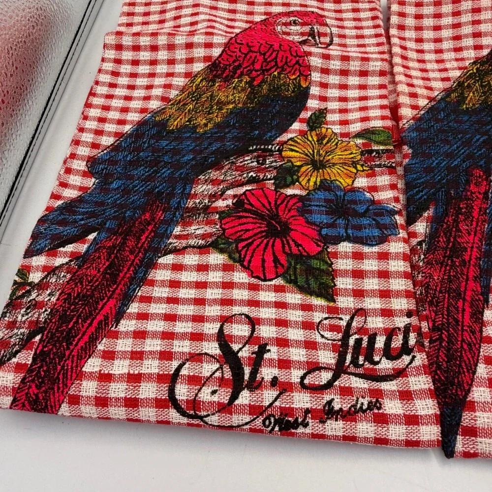 Vintage 60s 70s St Lucia West Indies Tea Towels Set of 3 Crisp Gingham NWOT
